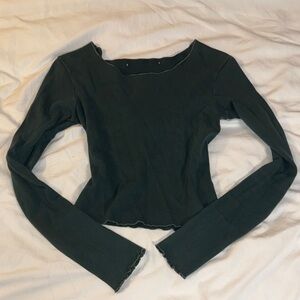 Dark Green Brandy Melville Long Sleeve Crop Top with Ruffled Edges